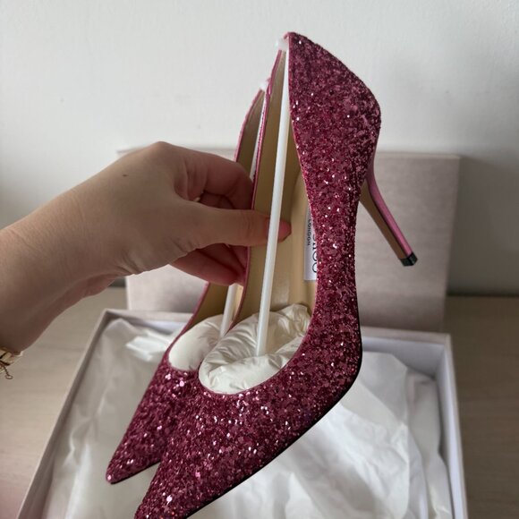 NWT Jimmy Choo Agnes Pumps Dragon Fruit Coarse Glitter Pointed Toe High Stiletto - Picture 10 of 13